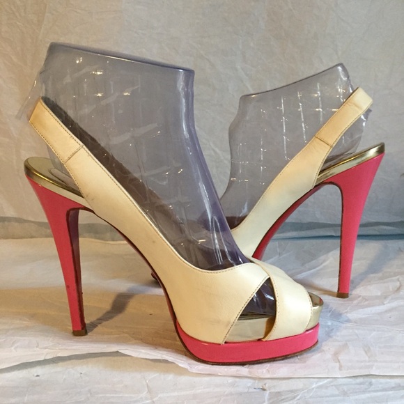 CHRISTIAN LOUBOUTIN BEIGE/PINK PLATFORMS SZ-37.5 - Picture 6 of 8